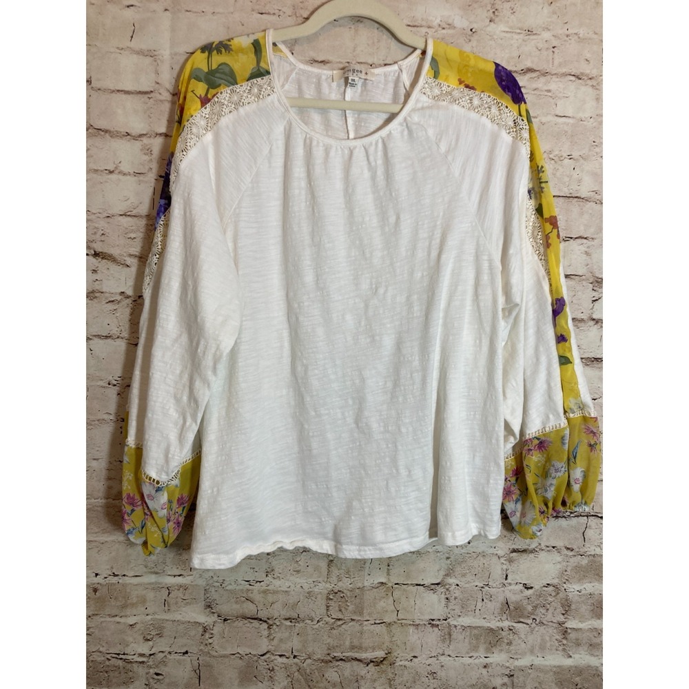 Umgee Boho Top Womens 1XL White & Yellow Floral Balloon Sleeve Lace Trim Plus